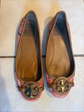 Tory Burch Pink Snakeskin-Effect Ballet Flats with Tan Trim and Gold Logo